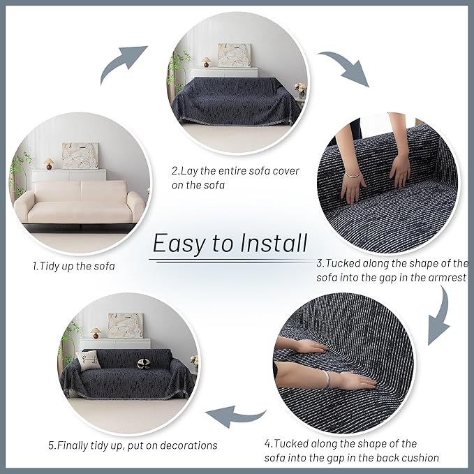 MYSKY HOME Boho Couch Cover Navy Sofa Covers with Tassel Farmhouse Sofa Slipcover Simple Couch Protector for Dogs Chenille Sectional Couch Covers L Shaped Couch Cushion Covers, 71"x 134"