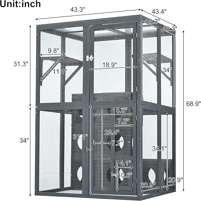 LOVMOR Outdoor Catio with Double Enter Doors, Grey Climbing Shelves, Weatherproof Pine Wood Playground with 7 Freely Combination Wood Boxes