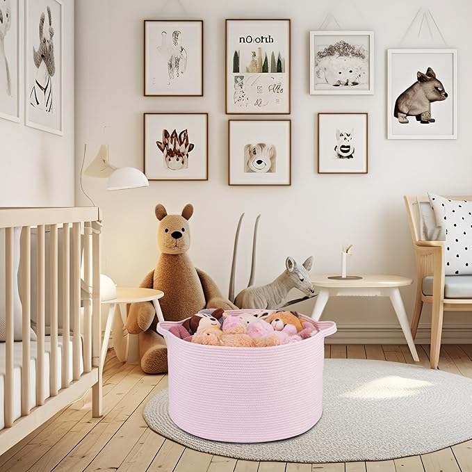 XUANGUO Extra Large Cotton Rope Basket Blankets Basket Living Room 22"x14" Toy Baskets for Kids Dogs Storage Baskets for Nursery Woven Laundry Baskets for Clothes Towels Baby Toy Storage Round pink