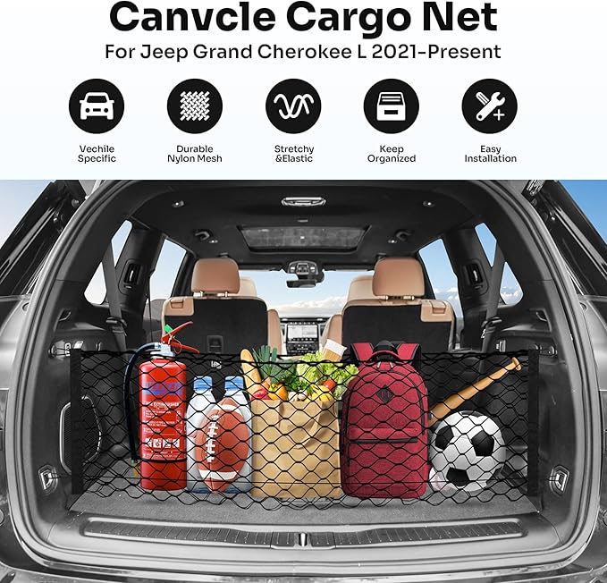 Trunk Cargo Net for 2021-2026 Jeep Grand Cherokee L (7 Seats) Accessories Envelope Style Mesh Trunk Net Organizer and Storage Stretchable Adjustable Elastic Nylon Rear Cargo Netting with Hooks
