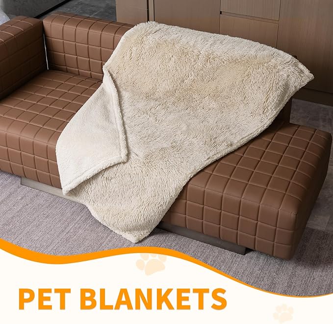 Wowchine Waterproof Calming Dog Blanket Cream Long Faux Fur Pet Throw Blankets for Medium Dogs Cats Couch Sofa Covers Love Bed Cover Washable(Cream,L-65x57in)