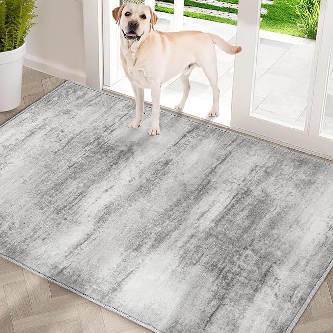 COMSLE Door Mat, Front Door Mat Indoor for Entrance Faux Wool Absorbent Non Slip Modern Throw Rug for Entryway Hallway Muddy Paws - Pet Friendly, 32x48 Inches,Linear Gray Machine Washable