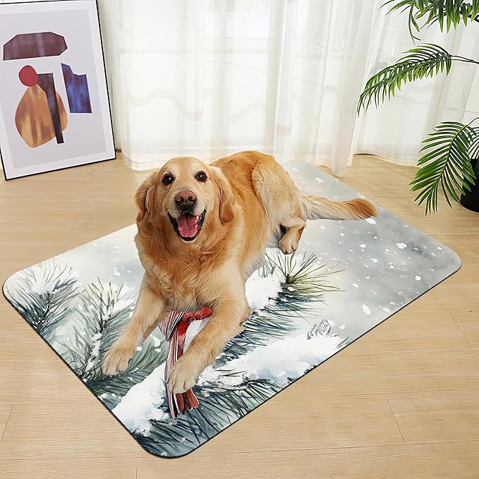 Cardinal Bird Dog Food Mat–Chirstmas Snow Absorbent Quick Dry Feeding Placemat for Food and Water Bowls, Non Slip Rubber Backing, Waterproof Pet Supplies for Mess-Free Eating 12"x20"