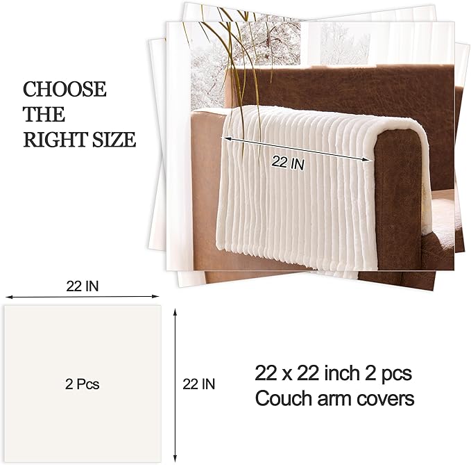 Meider 100% Waterproof Couch Arm Covers 2pcs, Fuzzy Chair Arm Covers Thick Soft Recliner Chair Armrest Protectors, Non-Slip Couch Armrest Cover Pet mats for Sofa (White, 22" x 22" 2 Pack)