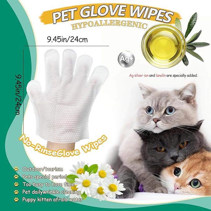 CHPPEY 40PCS Pet Cleaning and Deodorizing Grooming Glove Wipes for Dogs and Cats, Extra Thick Nourish Fur No-Rinse Grooming Wipes for Daily Care and Travel, Hypoallergenic