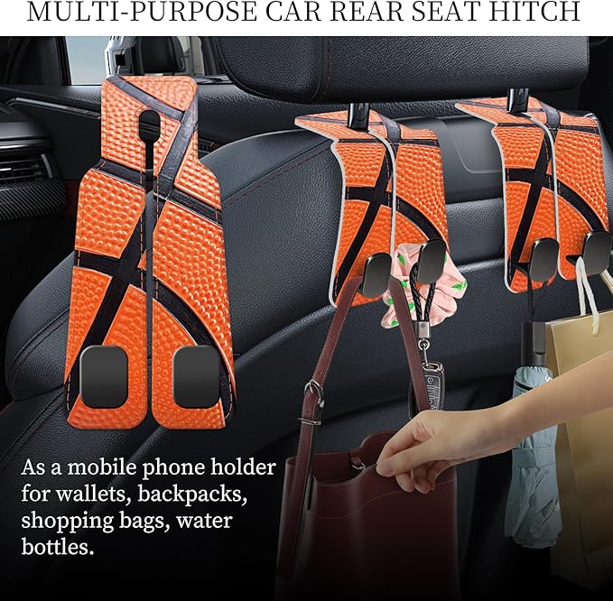 PU Leather Car Seat Hook, Storage Headrest Hanger, Cute Car Backseat Organizer, Car Hooks for Purses and Bags Basketball Texture