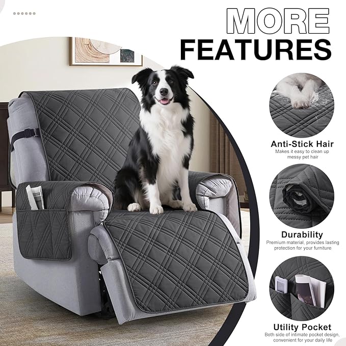 TAOCOCO 100% Waterproof Recliner Chair Cover Stay in Place, Recliner Covers for Small Recliner Chair with Pocket, Reclining Chair Cover Furniture Protector for Kids, Pets(20'', Charcoal Gray)