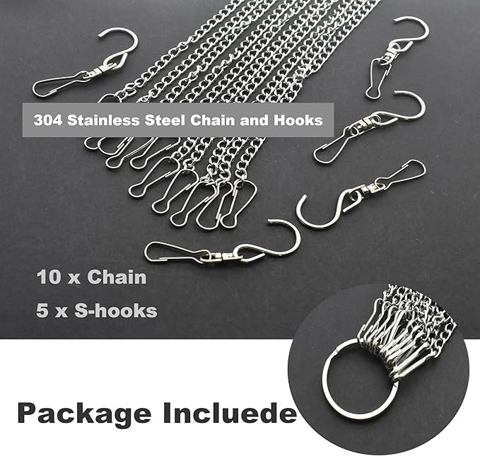 10 Pcs Fine Hanging Chain(1.2mm Dia.) Small Hang Bracket Decorative Replacement Link Chains Hooks for Sign Planter Bird Feeders,10 inch Long Stainless Chains and 5 Pcs Swivel S-Hooks