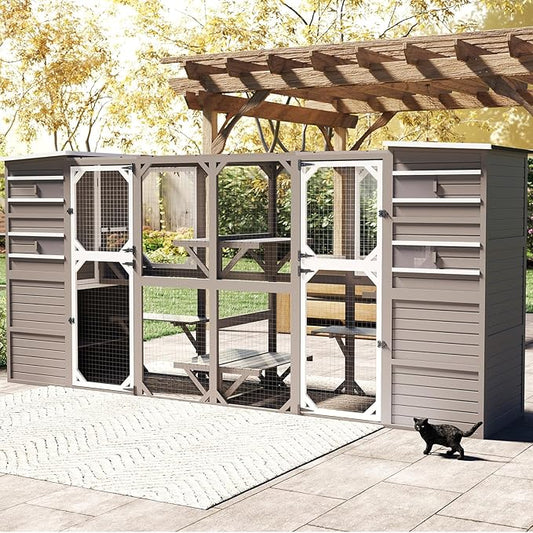 154" L Extra Large Catio Outdoor Cat Enclosure, Weatherproof Walk-in Catio Cat Patio Attached Window for Multiple Cats, Semi-Enclosed Kitty Enclosure Outside with 6 Platforms