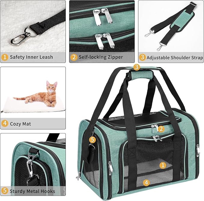 Soft-Sided Cat/Dog/Pet Carrier, Collapsible Pets Travel Carriers for Big Cats/Small Dogs with Shoulder Strap & Removable Mat, Mesh Puppy Carry Bag, Up to 25 Lbs (Turquoise)