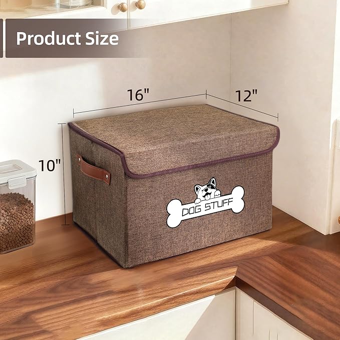 Thankspaw Fabric Dog Toy Box with Lid, Collapsible Storage Bin, Basket Organizer with Handle for Dog Toys, Blankets and Accessories, Coffee