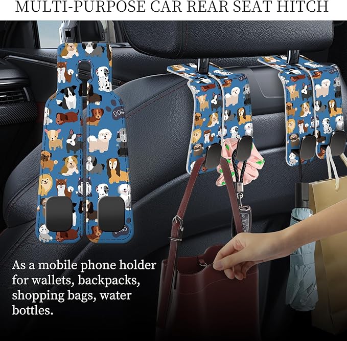 PU Leather Car Seat Hook, Storage Headrest Hanger, Cute Car Backseat Organizer, Car Hooks for Purses and Bags Blue Cute Dogs