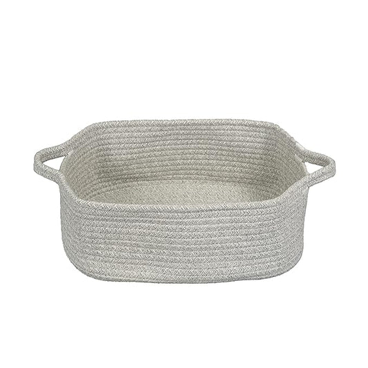 Woven Cotton Rope Storage Basket with Handles for Organizing Shelves Closet Small Cat Dog Pet Toy Baskets Box Bin Decorative Rectangle Baby Nursery basket Gift basket Empty(light grey)