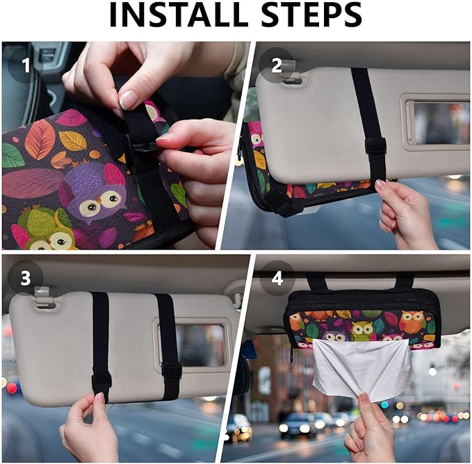 Car Tissue Holder Car Napkin Holder Car Tissue Box Dispenser Storage Case Sun Visor Mask Holder with Adjustable Straps Reusable Refillable Black Owl and Leaves