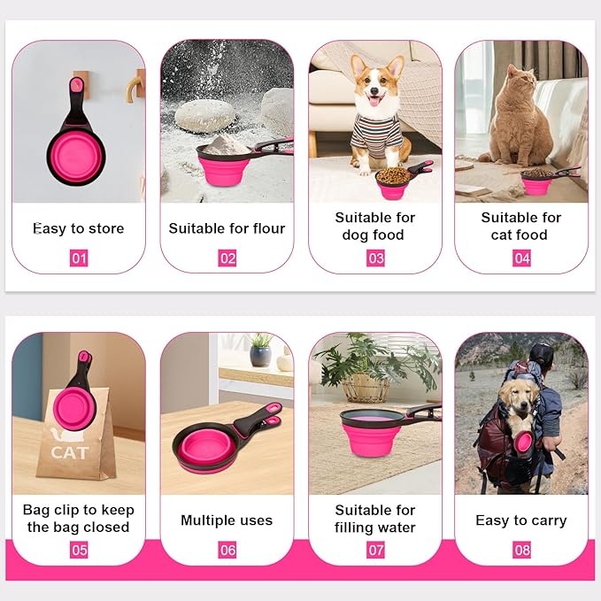 PNEUICALLY Collapsible Silicone Dog Food Scoop Foldable Pet Food Measuring Cup with Bag Clip 3 in 1 Multi-Function Silicone Dog Food Scooper (Rose Red, Large)