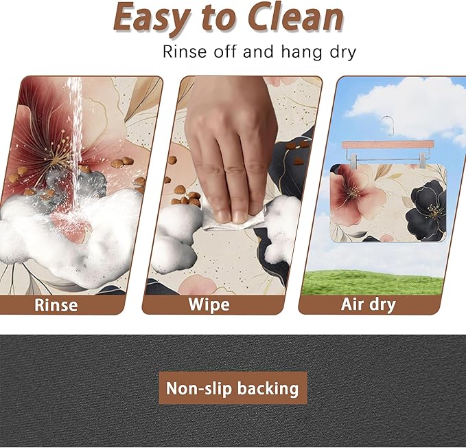 Pink Floral Pet Feeding Mat,Boho Flower Absorbent Quick-Dry Cat Dog Food and Water Bowl Mats,Non-Slip Rubber Backing Mat,Cat Dog Accessories Supplies 12"x20"