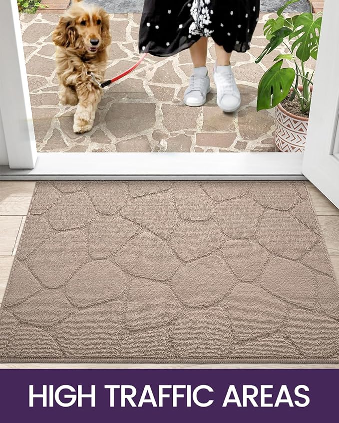 DEXI Front Door Entryway Mat Non Slip, 32x48 Washable Inside Entrance for House Floor Low Profile, Thin Entry Doormat Absorbent Dirt Trapper, Pebble Beige