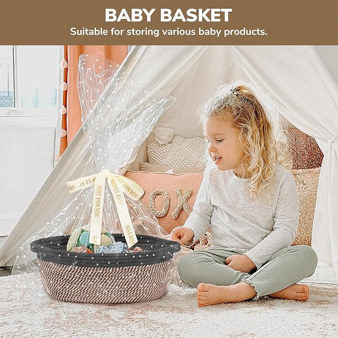 CHICVITA Small Woven Basket with Gift Bags & Ribbon Baskets for Gifts Empty, Rope Baskets for Organizing, Home Decoration for Kids, 12"x 8"x 5", Black & Jute