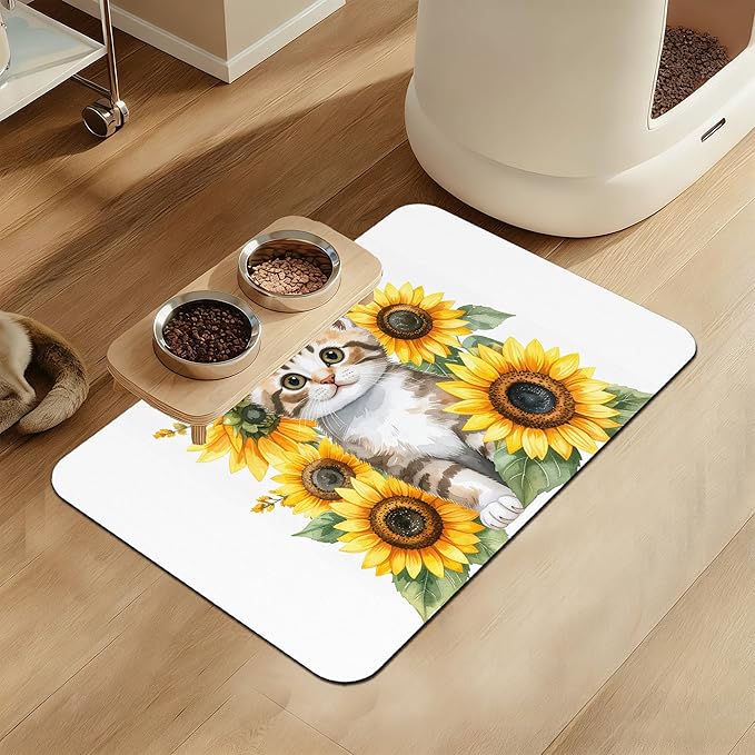 Cute Cat Sunflower Pet Feeding Mat for Floors–Christmas Stocking Absorbent Quick Dry Dog Cat Bowl Mat for Food and Water, Non Slip Waterproof Base, Mess-Free Feeding Accessories 12"x20"