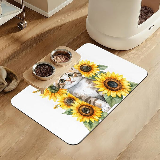 Cute Cat Sunflower Pet Feeding Mat for Floors–Christmas Stocking Absorbent Quick Dry Dog Cat Bowl Mat for Food and Water, Non Slip Waterproof Base, Mess-Free Feeding Accessories 12"x20"