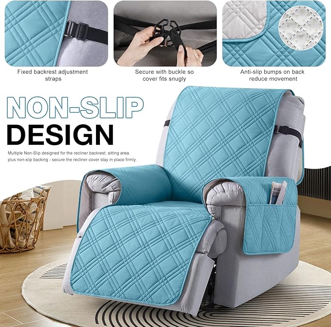 TAOCOCO 100% Waterproof Recliner Chair Covers, Non Slip Recliner Covers for Recliner Chair with Pocket, Washable Reclining Chair Cover Furniture Protector for Kids,Dogs(22'', Sky Blue)