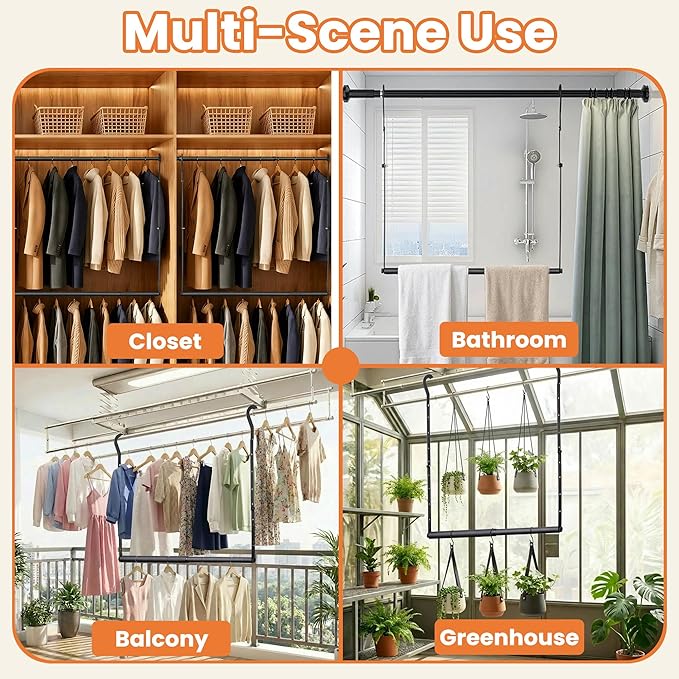 Stepless Extender Closet Hanging Rod - Heavy Duty Closet Rods for Hanging Clothes, Adjustable Width & Height, Space-Saving Matte Black Closet Organizer for Hanging & Drying, Easy to Install