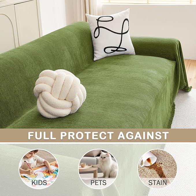 hyha Couch Cover for Dogs, Boho Sofa Covers for 3 Cushion Couch Washable, Chenille Sofa Slipcover for Pets, Soft Loveseat Sectional Couch Throw Blankets with Tassels (Green, 88.5x134 Inch)