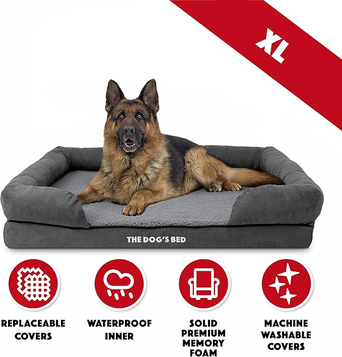 The Dog’s Bed, XL Grey Plush, Solid Memory Foam, Pain Relief: Arthritis, Hip & Elbow Dysplasia, Post Surgery, Lameness, Supportive, Calming, Waterproof Washable Cover