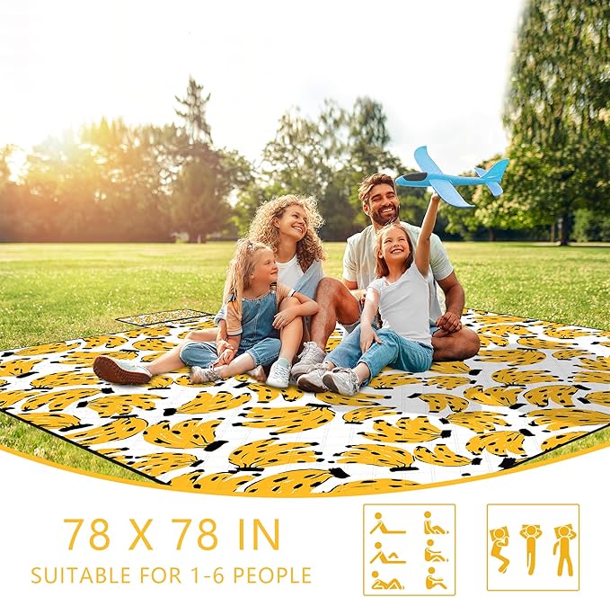 Picnic Blankets Waterproof Foldable, 78''*78'' Large Beach Blanket Waterproof Sandproof, Portable Outdoor Blanket for Camping, Beach, Grass, Park, Outdoor Essentials Must Haves-Bananas
