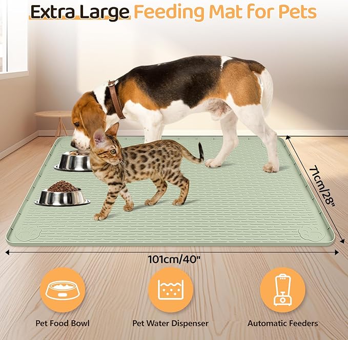 Bartuke Dog Food Mat, Extra Large 40" x 28" Silicone Pet Feeding Mat for Small, Medium, and Large Pets Non-Slip, Easy to Clean, Green