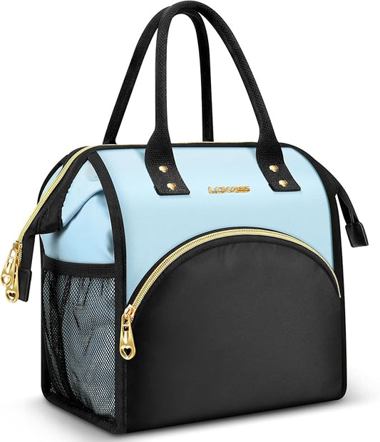 Lunch Bag Women Insulated Lunch Box Wide-Open Lunch Tote Bag Large Drinks Holder Durable Nylon Thermal Snacks Organizer for Men Adults Work Picnic Hiking Beach Fishing, Grey Blue + Black