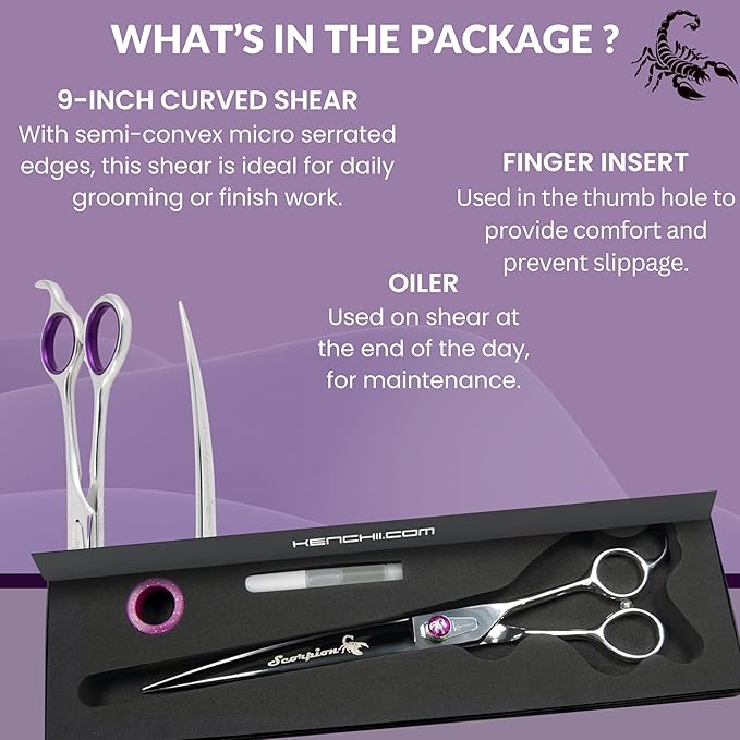 Kenchii Scorpion Dog Grooming Scissors, 9 Inch Curved Shears, Dog Scissors for Grooming, Professional Pet Grooming Scissors, Heavy Duty, Durable and Sharp