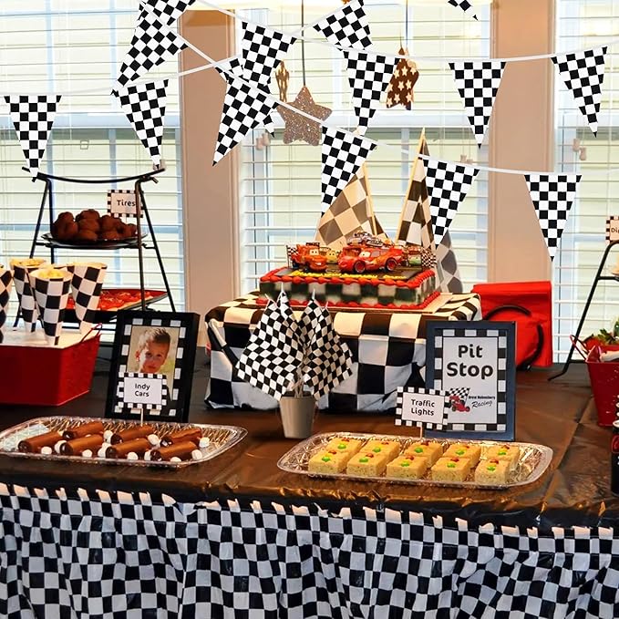 BEISHIDA 100ft 48pcs Black white Checkered Racing Pennant Flags Banner,Reusable Bunting String Triangle Flags,Race Car Theme Party Decoration,Kids Birthday,Indoor and Outdoor Events