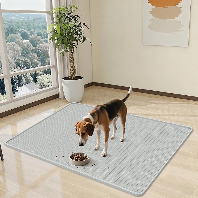 Silicone Cat & Dog Food Mat, 28" x 22" Large Pet Feeding Mat for Cats and Dogs Bowl, Pet Placemat for Food and Water with Raised Edge, Waterproof, Leakproof (Grey)