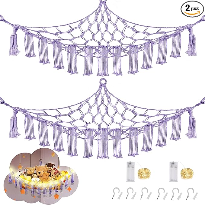 CERETIA Stuffed Animal Hammock with LED Light, Large Stuffed Animals Storage Corner Plushie Net for Kids Room Decor, 2 Packs Purple