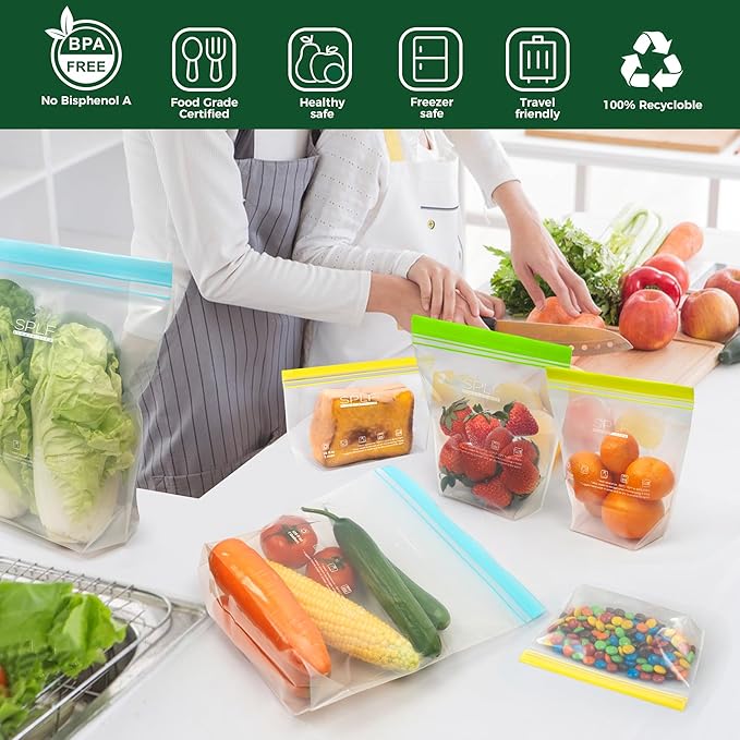 SPLF 20 Pack Reusable Snack Bags Dishwasher Microwave Safe, BPA Free Extra Thick Leakproof Reusable Food Storage Bags Silicone Free Snack Pouch For Women & Men