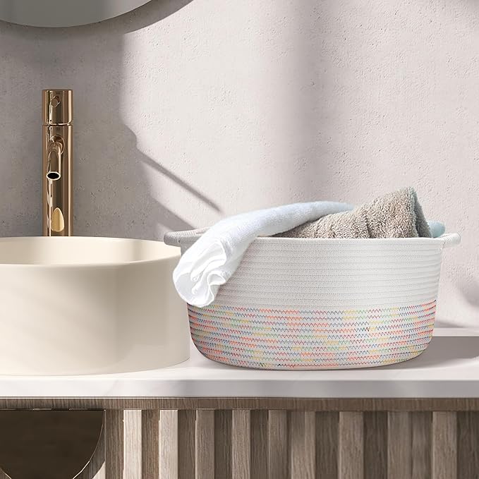 Medium Rope Basket with Handles, Medium Bohe Storage Basket, 17 "L x 12.5" W x 8.5 "H, Home Decor Organizer for Towels,toys, Books & Magazines