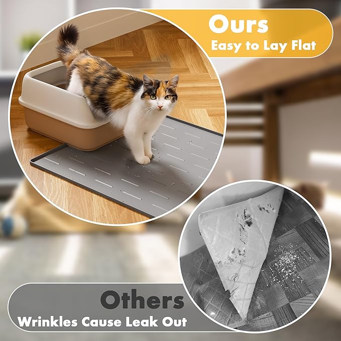 Pieviev Silicone Cat Litter Trapping Mat, 34''x22'' Large Cat Litter Mat, Easy to Clean & Soft on Kitty Paws, Waterproof Kitty Litter Pads for Indoor Cats, Light Grey