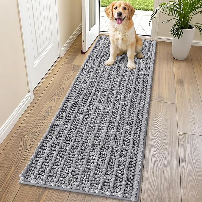 Smiry Dog Door Mat for Muddy Paws 70x24, Extra Soft Absorbent Chenille Doormat, Trap Moisture and Dirt, Non-Slip Machine Washable Front Door Mat for Indoor Entrance Inside Floor, Grey