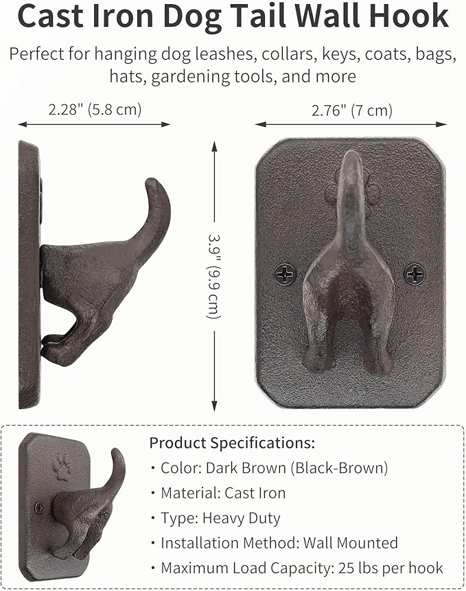 Cast Iron Dog Tail Wall Hooks - Heavy Duty Rustic Dog Leash Holder, Wall Mount Coat Hook for Hanging Key Towel Collar, Decorative Puppy Butt Paw Hanger for Farmhouse Entryway Mudroom, 3 Pack