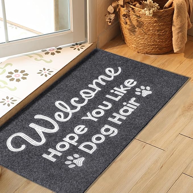 Welcome Mats for Front Door Hope You Like Dog Hair Doormat, Natural Rubber Non Slip Back Mat Indoor Funny Dog Mats for Home Decor Entryway Gray 28" x 18"