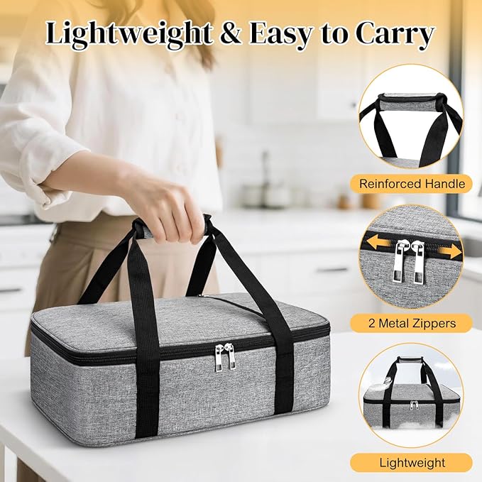 Coobiiya Insulated Casserole Carrier – Portable Tote for Hot or Cold Food, Warmer & Cooler Bag Lunch Bag, Fits 9" x 13" Baking Dish, Ideal for Potluck Parties – Grey
