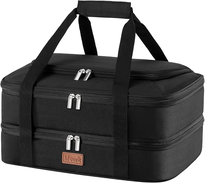 Lifewit Double Decker Casserole Carrier for Hot and Cold Food, Insulated Casserole Dish Carrier Carrying Case with Tool Room, Thermal Bag for Potluck Parties Cookouts Fits 9"×13" Baking Dish, Black