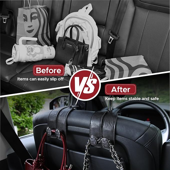 2PCS Leather Car Seat Hooks for Headrest, Vehicle Hanger Storage Organizer Universal for Handbag Purse, Car Accessories Gift (Black-Black)