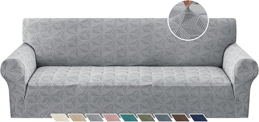 YEMYHOM 1 Piece Stretch Oversized Couch Covers for 4 Seat, Jacquard Extra Large Sofa Cover with Non-Slip Elastic Bottom, Thickened Slipcover Furniture Protector for Dogs Pets (X-Large, Light Gray）
