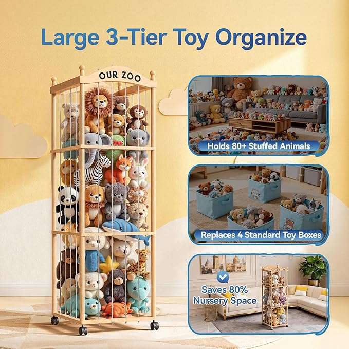 Stuffed Animal Storage Zoo Tower, Large Capacity Wooden Stuffed Animal Holder with Wheels, Space-Saving Toy Storage Organizer, Stuffy Plushies Storage for Nursery, Playroom & Bedroom