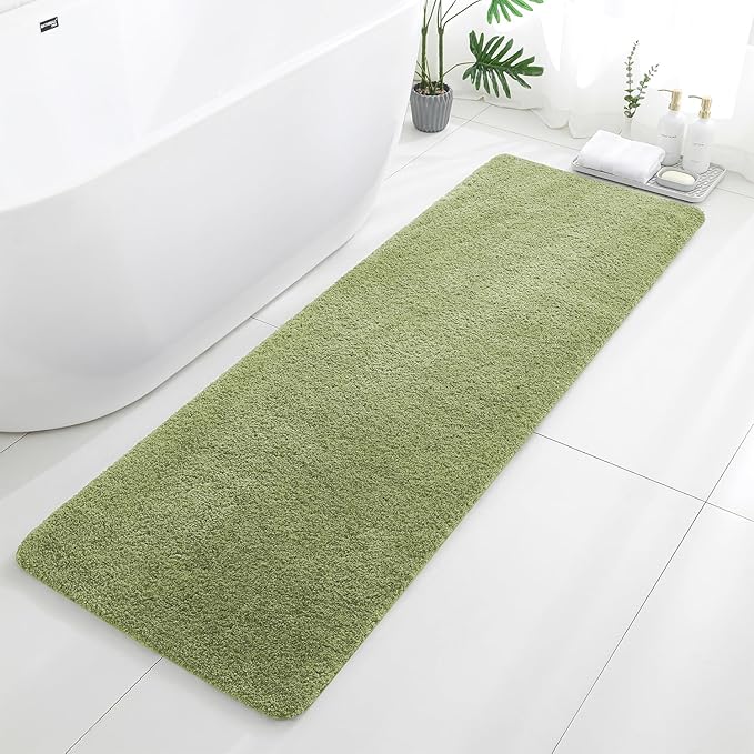 Olive Green Bathroom Rugs Runner 24"x72" - Extra Long Plush Bath Mat, Non Slip Absorbent Microfiber Floor Rug, Washable and Fluffy - Ideal for Bathroom, Kitchen or Pet Mat Use
