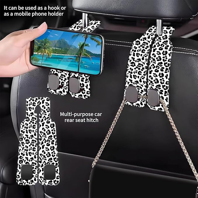 AEWNUNK 1 Pack Car Seat Headrest Hooks for Purses Abstract Black and Grey Leopard Bag Purse Holder for Car with Double Metal Hooks Car Purse Hanger Hanging Accessories
