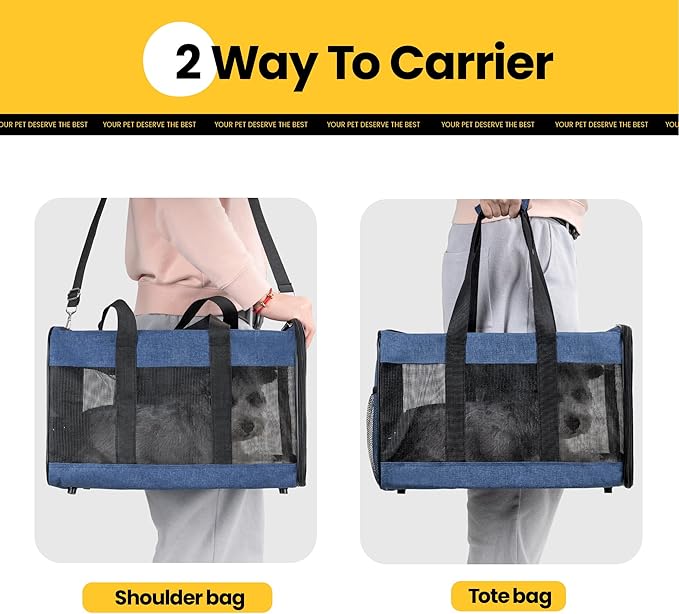 Conlun Dog Carrier Soft Sided, Large Cat Carrier with Inner Safety Leash, Pet Transport Carrier for Large Cats and Medium Dogs up to 20 Lbs, Collapsible Travel Puppy Carrier Bag -Blue L