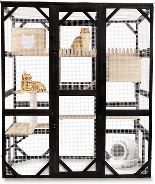 Large Catio Outdoor Cat Enclosure Window 73" H Walk-in Cat House Kitty Cage for Multiple Indoor Outdoor Cats Outside Patio with 5 Access Doors Waterproof Roof